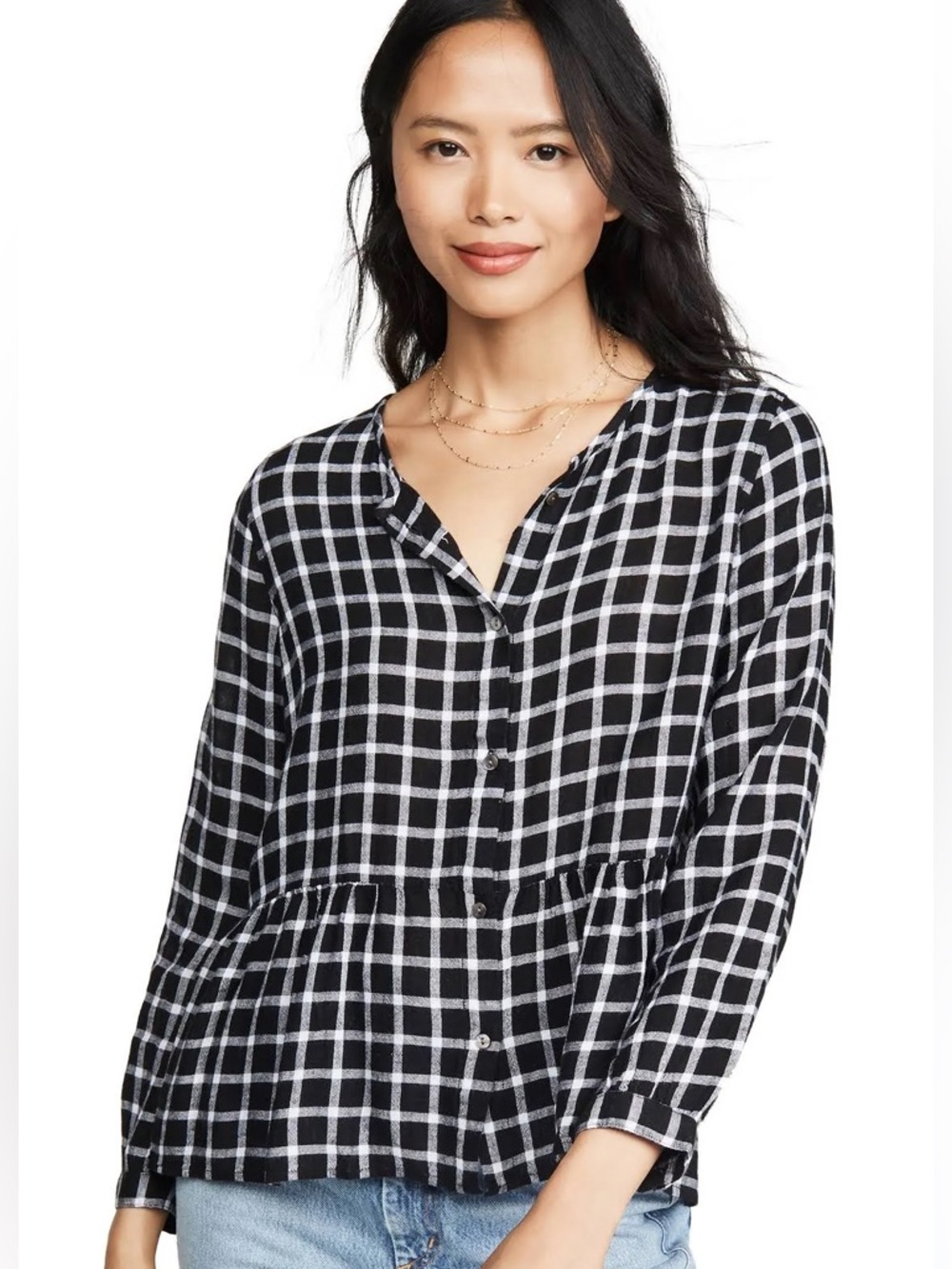 Rails Celeste Onyx White Check Linen Blend Button Up Top Size Medium